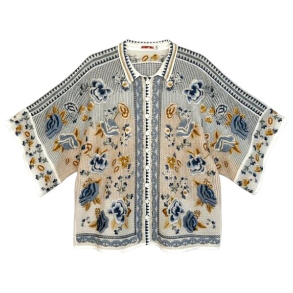 Johnny Was Minerva Embroidered Blouse Blue Cream Floral XS Boho Artisan - Picture 2 of 10